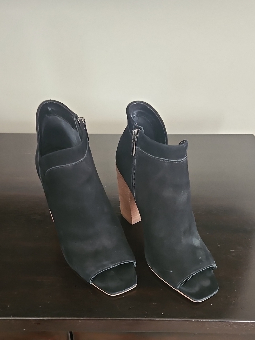 Vince Camuto Black Suede Open-Toe Block Heel Booties